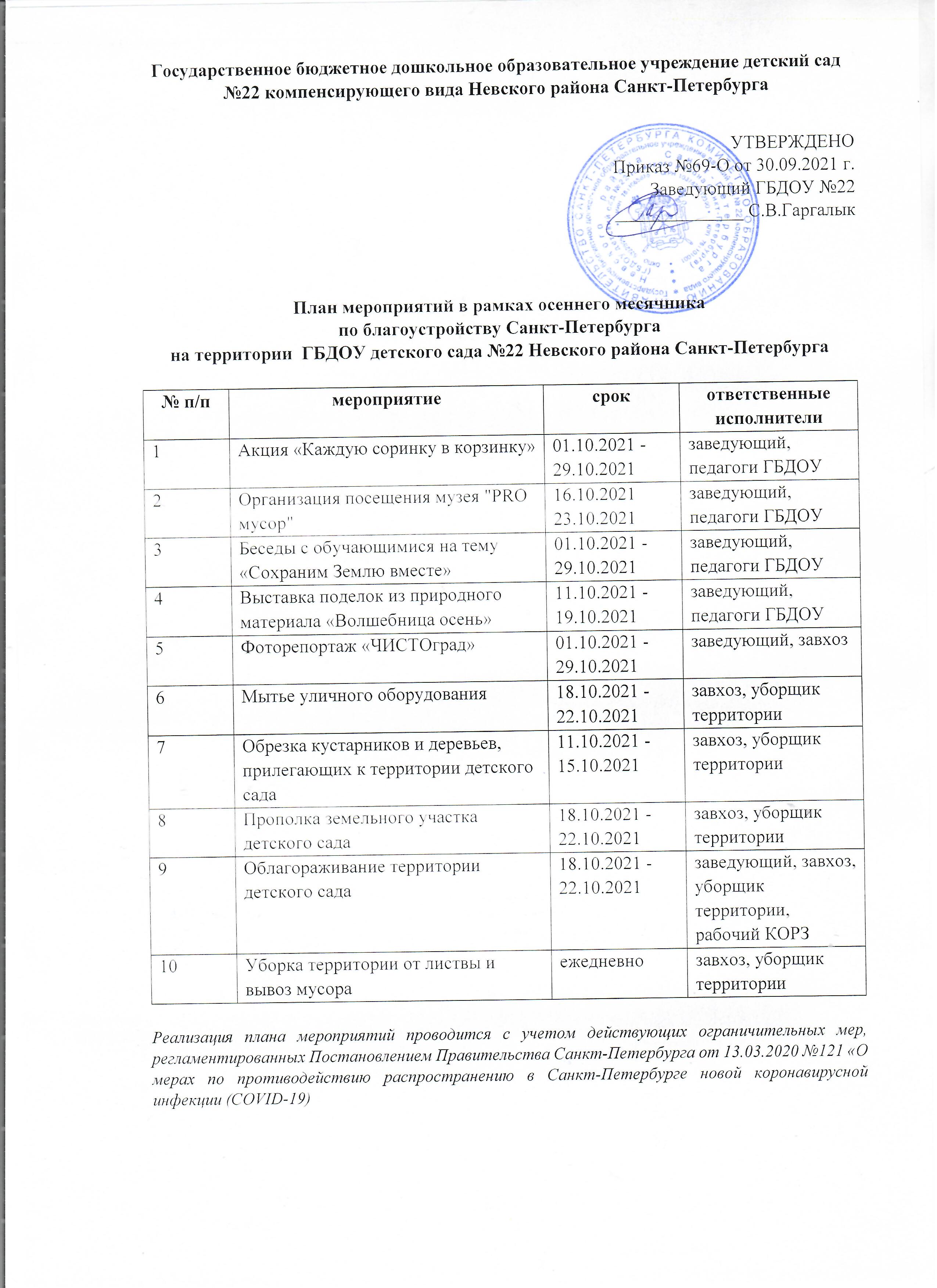 План мероприятий в рамках осеннего месячника по благоусройству
